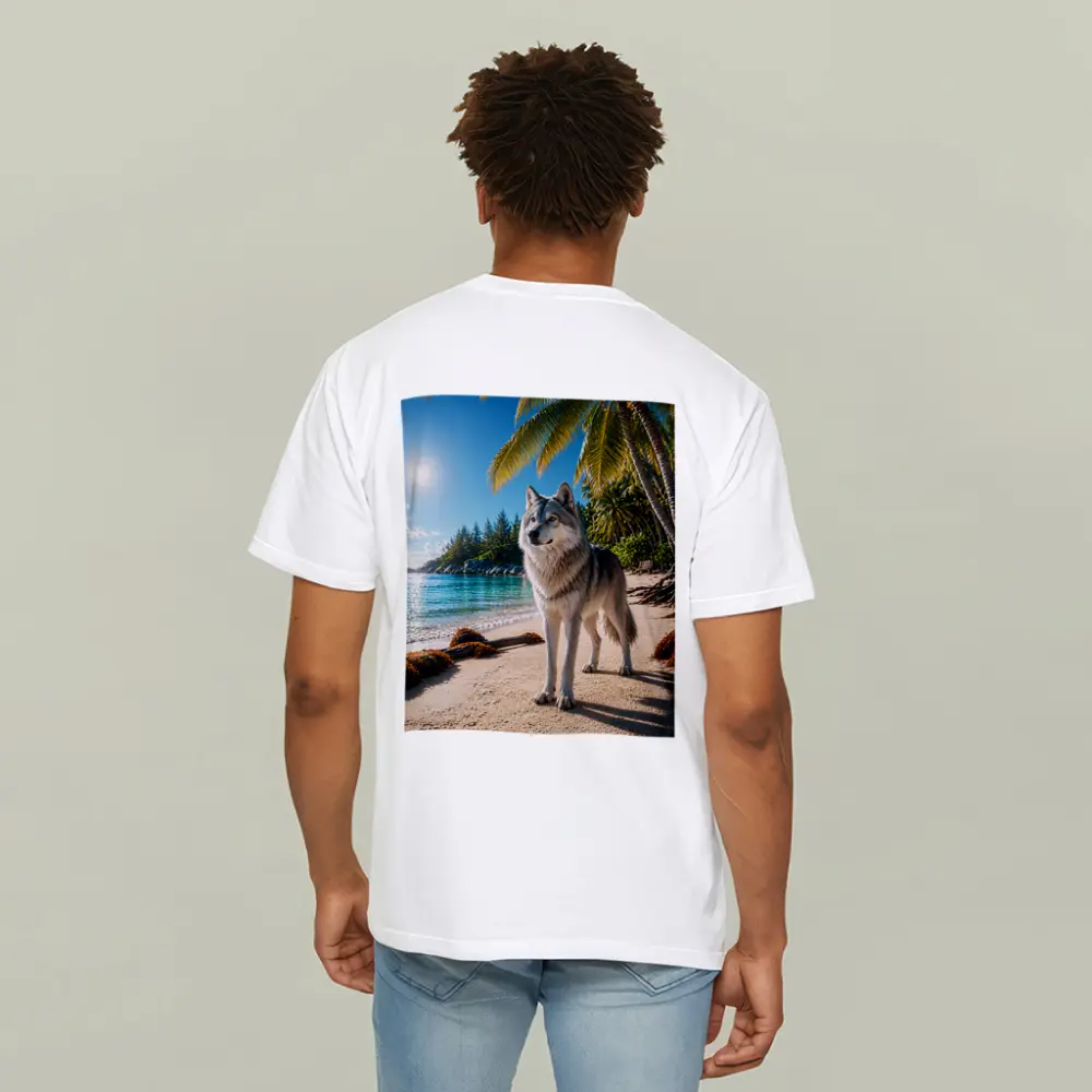 Wolf Standing on Tropical Sandy Beach – T-Shirts