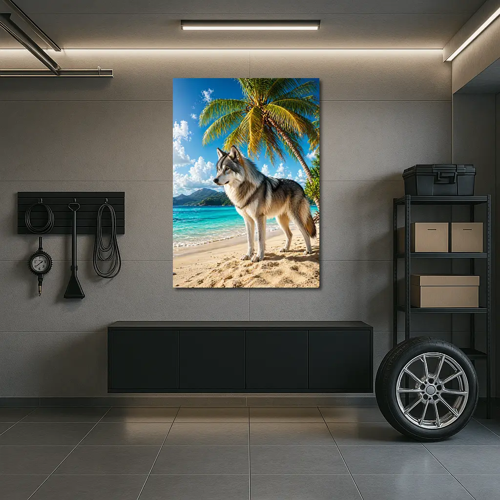 Wolf Standing On Tropical Beach Palm Trees – Wall Art