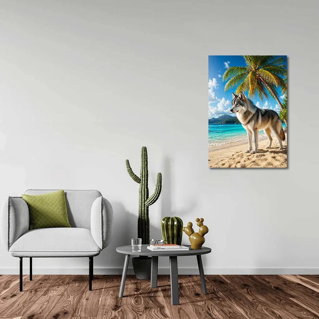 Wolf Standing On Tropical Beach Palm Trees – Wall Art