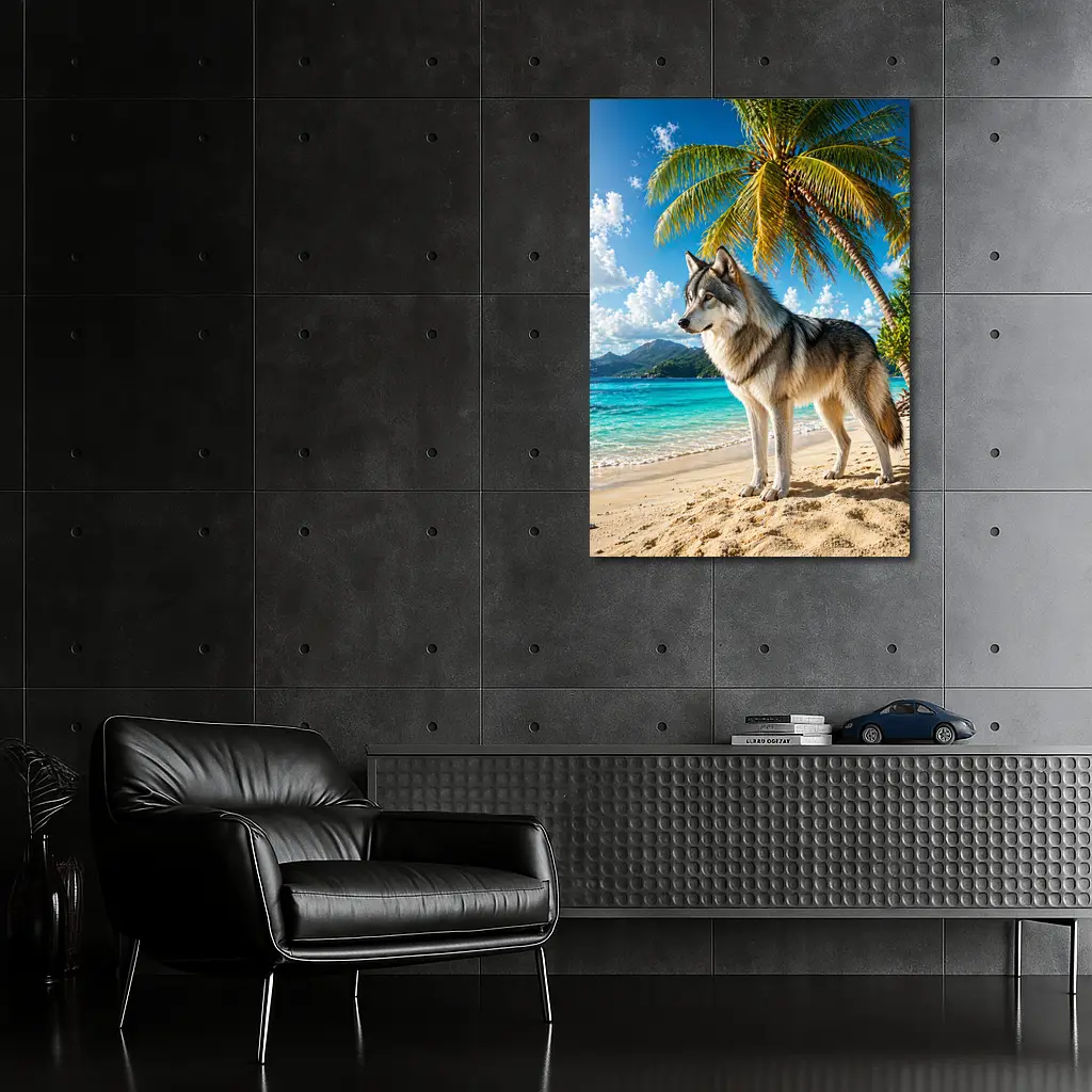 Wolf Standing On Tropical Beach Palm Trees – Wall Art