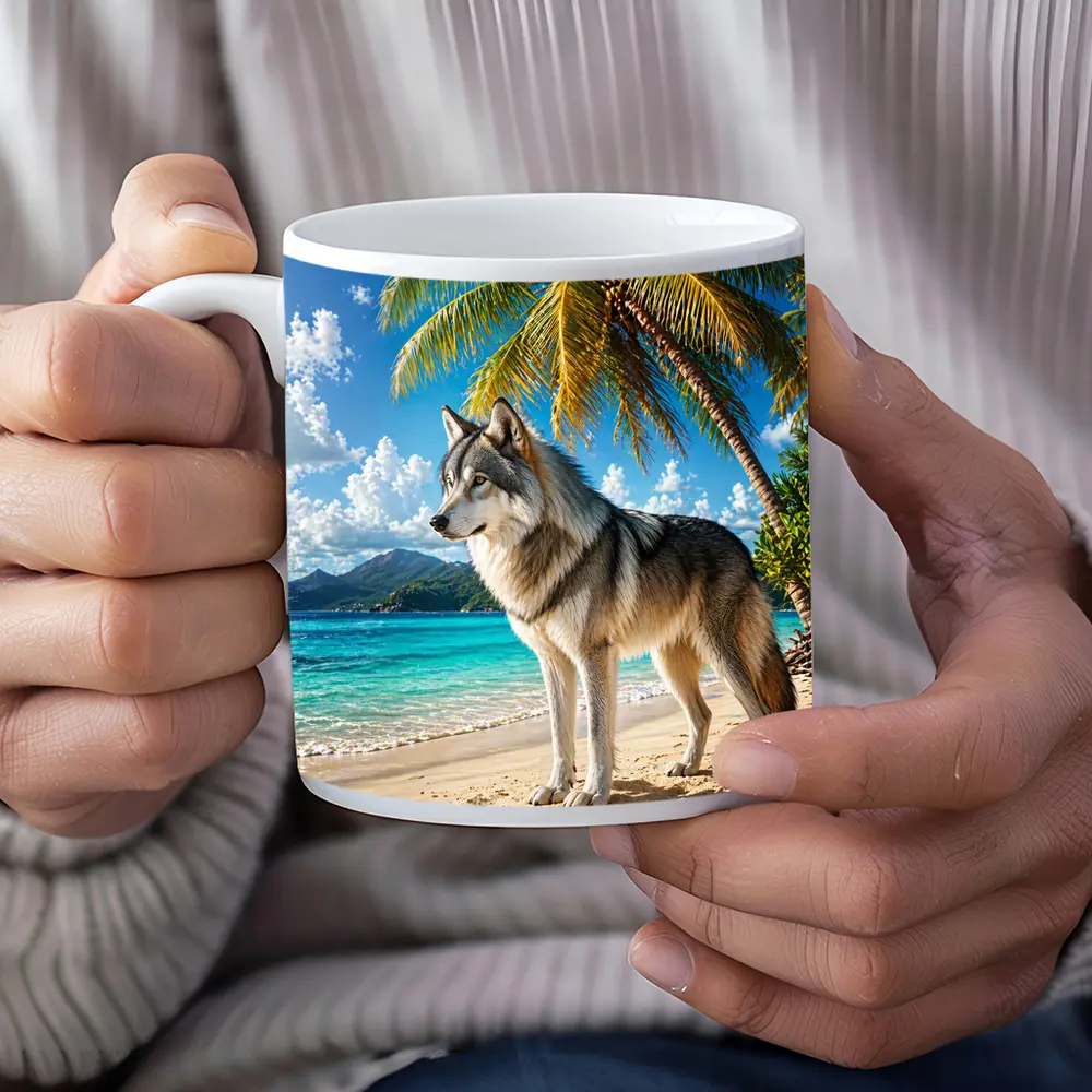 Wolf Standing On Tropical Beach Palm Trees – Mugs