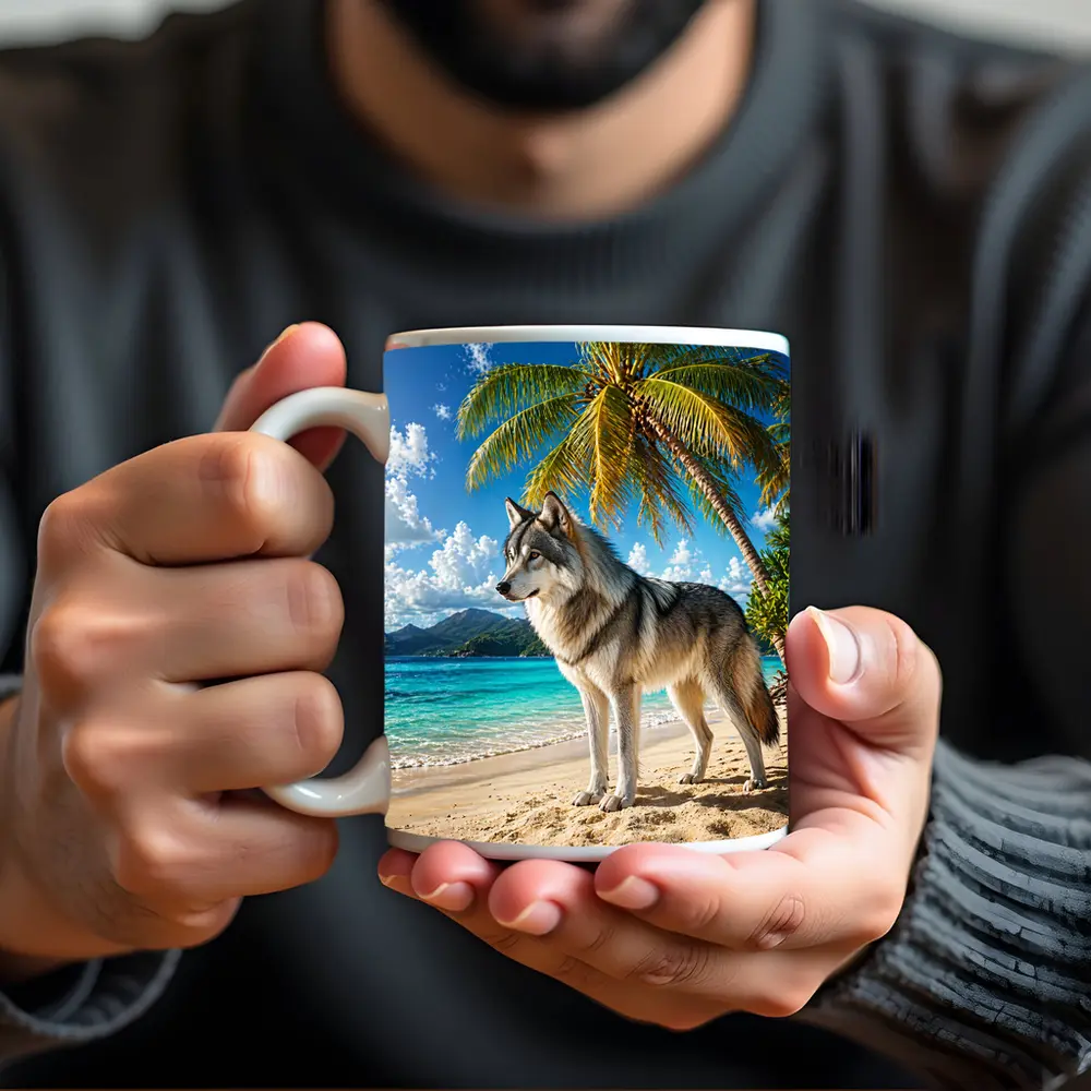 Wolf Standing On Tropical Beach Palm Trees – Mugs