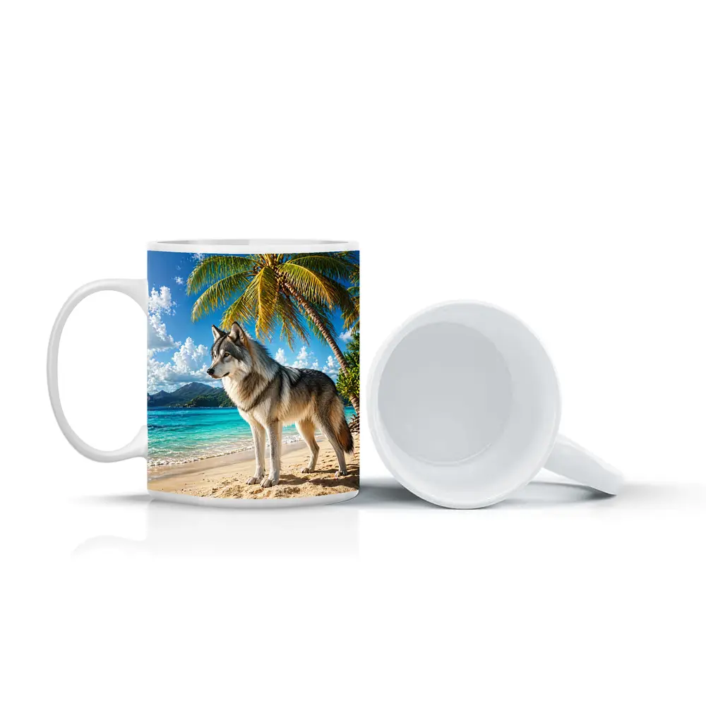 Wolf Standing On Tropical Beach Palm Trees – Mugs