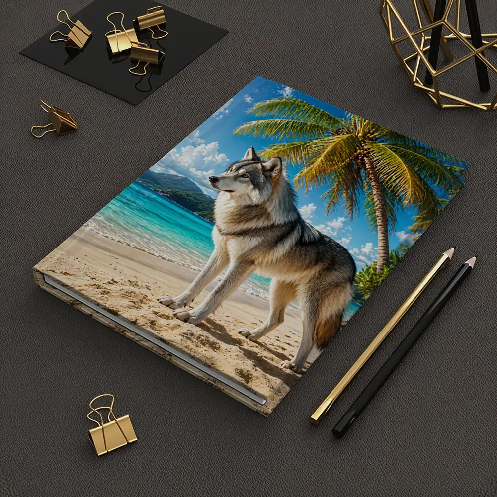 Wolf Standing On Tropical Beach Palm Trees – Notebooks