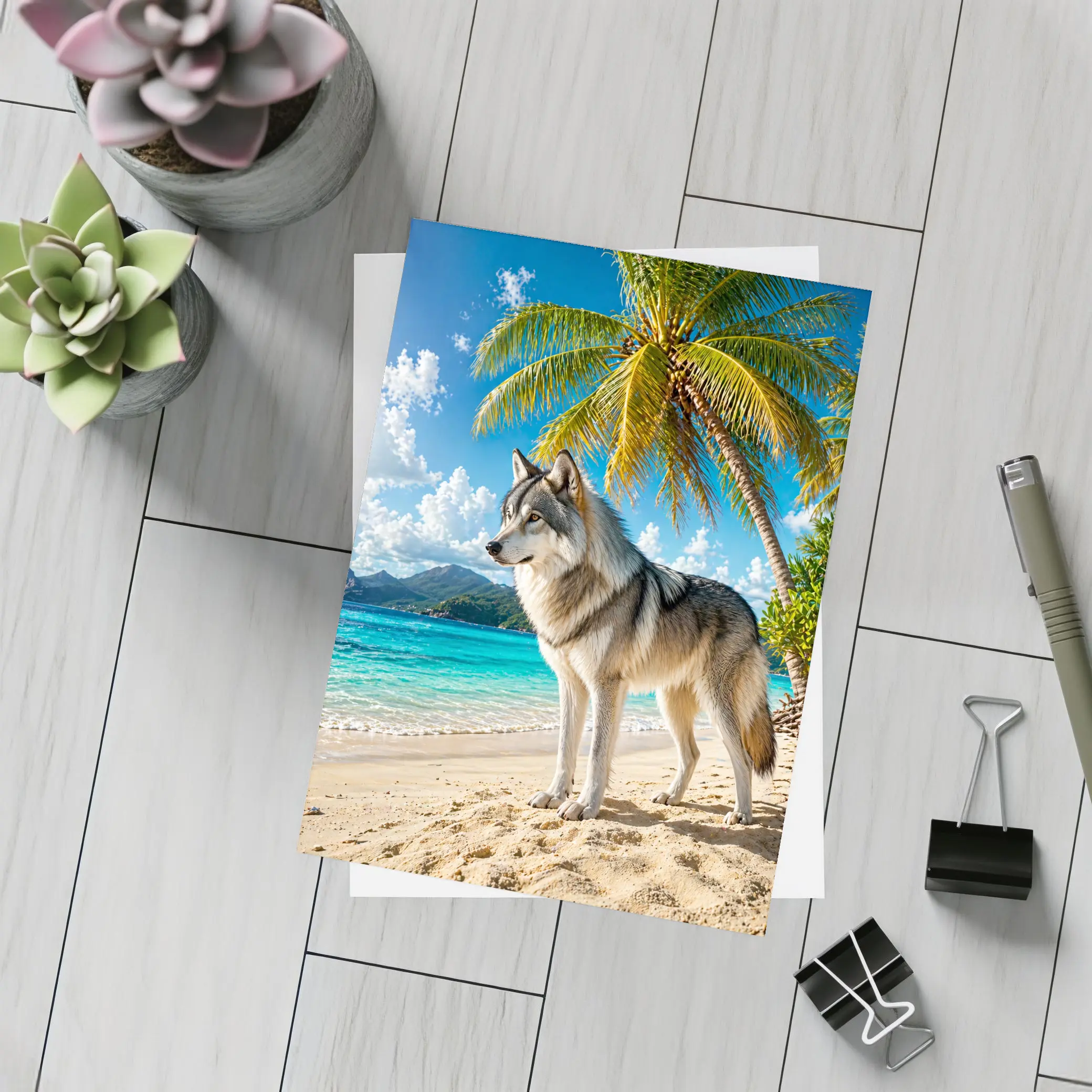 Wolf Standing On Tropical Beach Palm Trees – Postcards