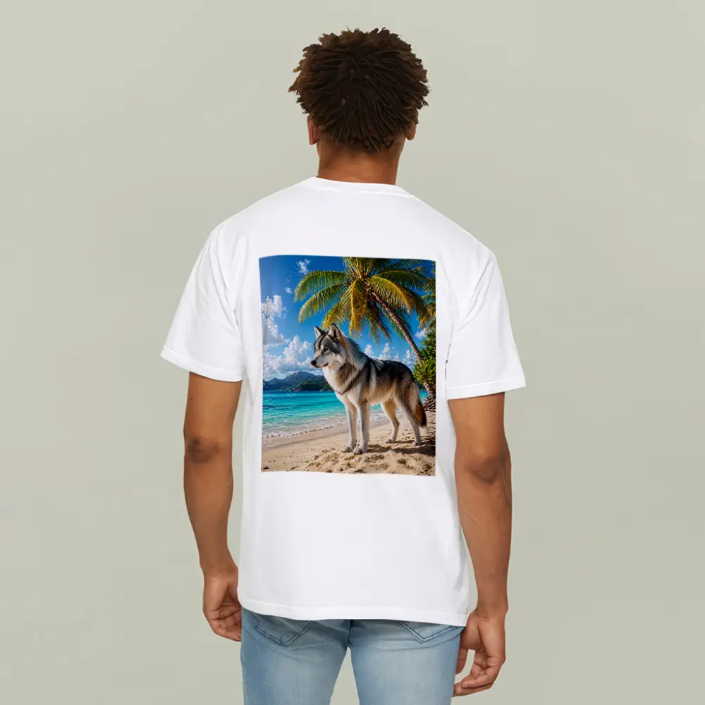 Wolf Standing On Tropical Beach Palm Trees – T-Shirts
