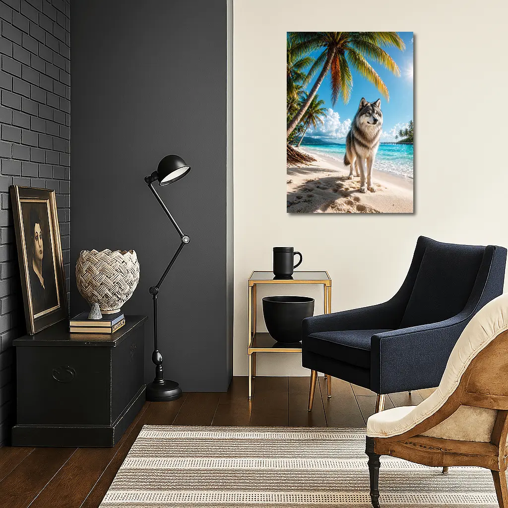 Wolf Standing on Sunny Tropical Beach – Wall Art