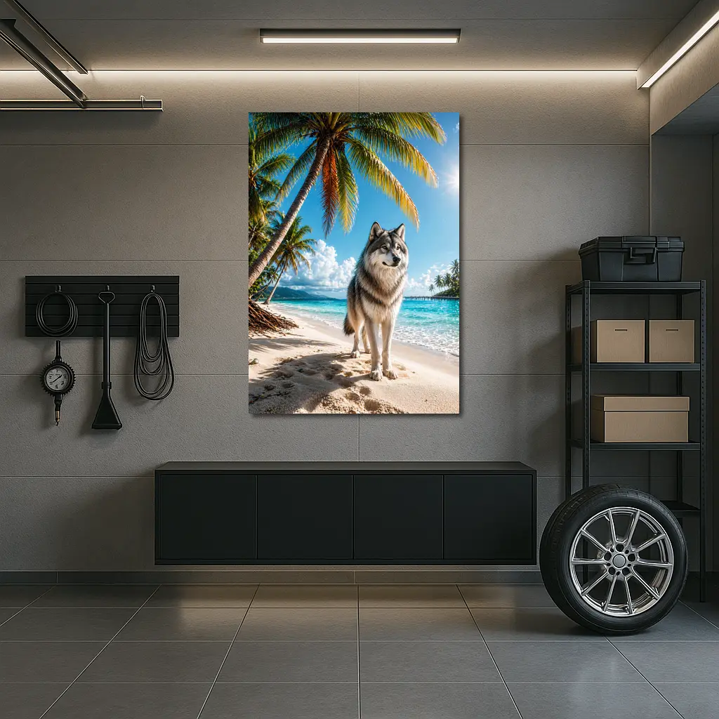 Wolf Standing on Sunny Tropical Beach – Wall Art
