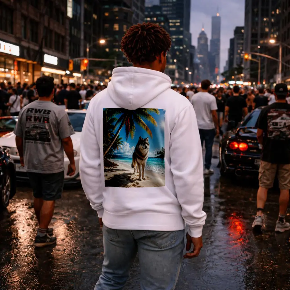 Wolf Standing on Sunny Tropical Beach – Hoodies