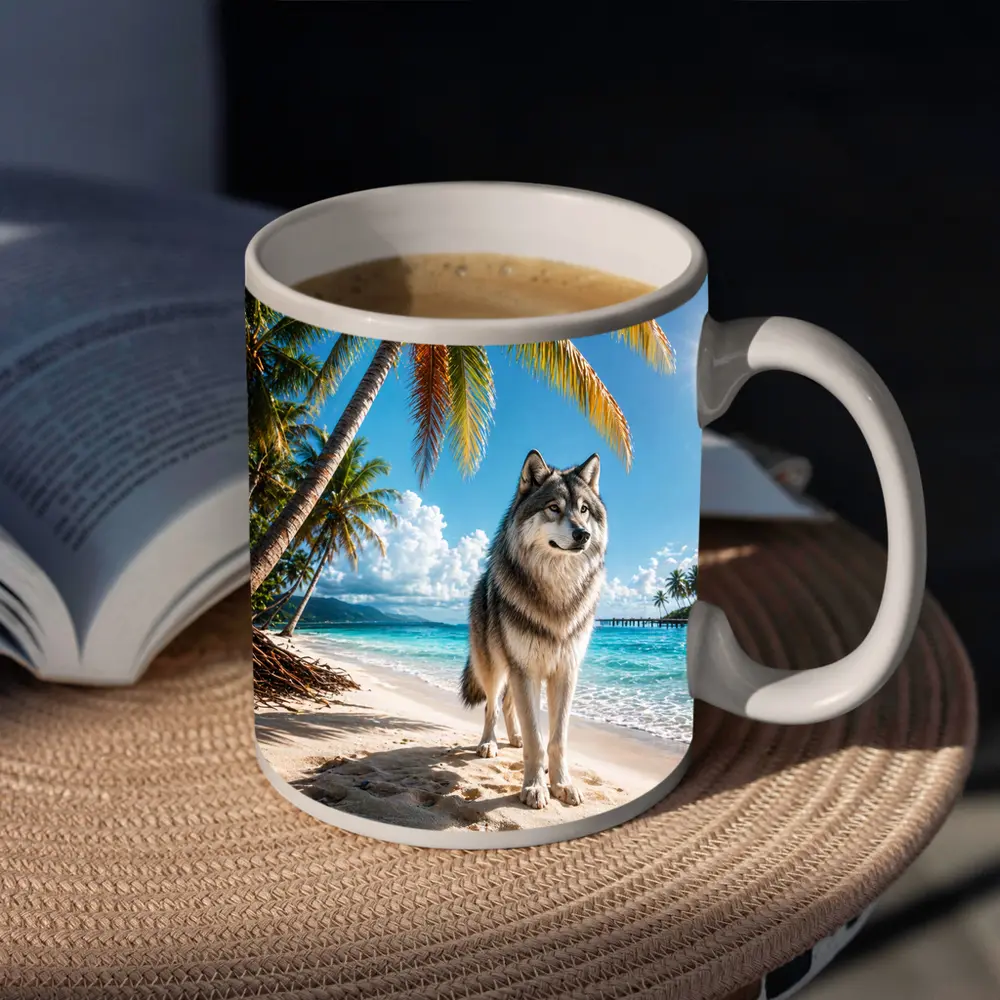 Wolf Standing on Sunny Tropical Beach – Mugs