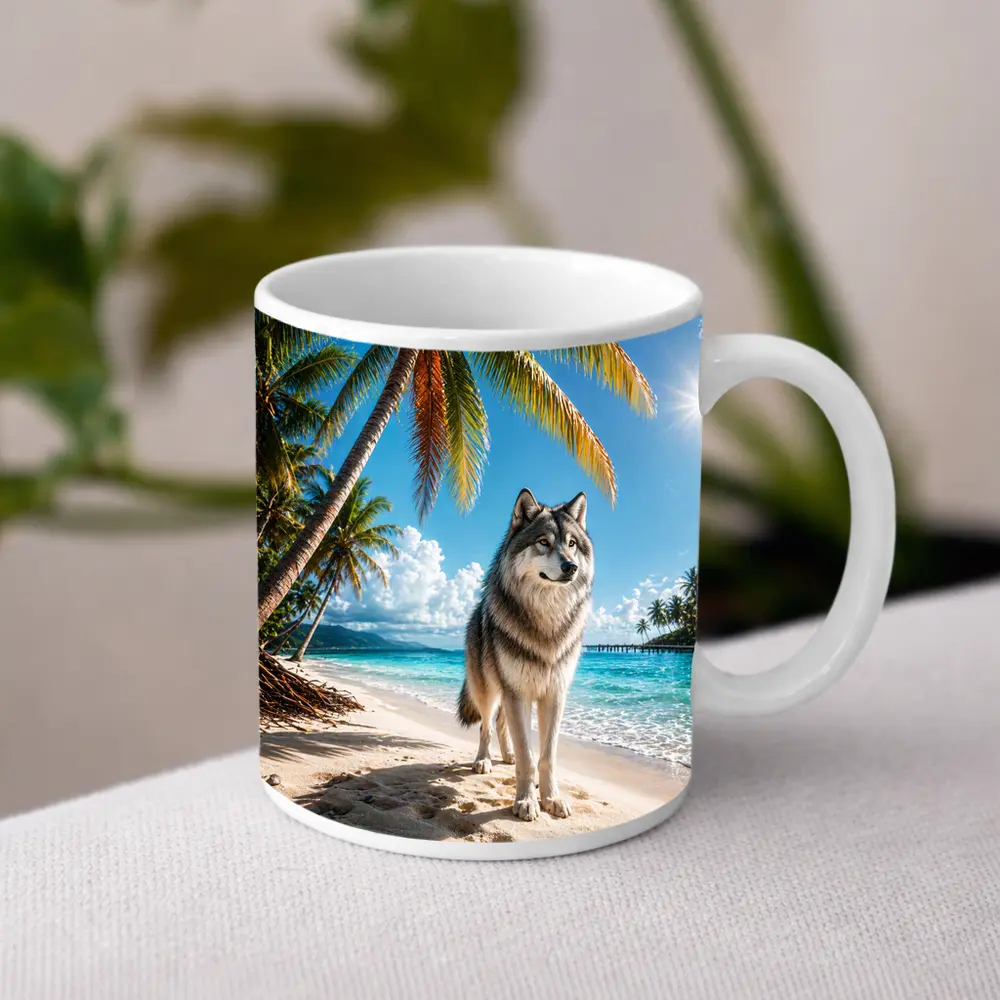 Wolf Standing on Sunny Tropical Beach – Mugs