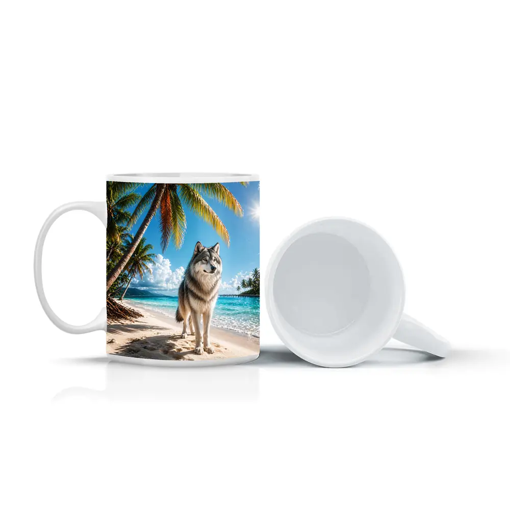 Wolf Standing on Sunny Tropical Beach – Mugs