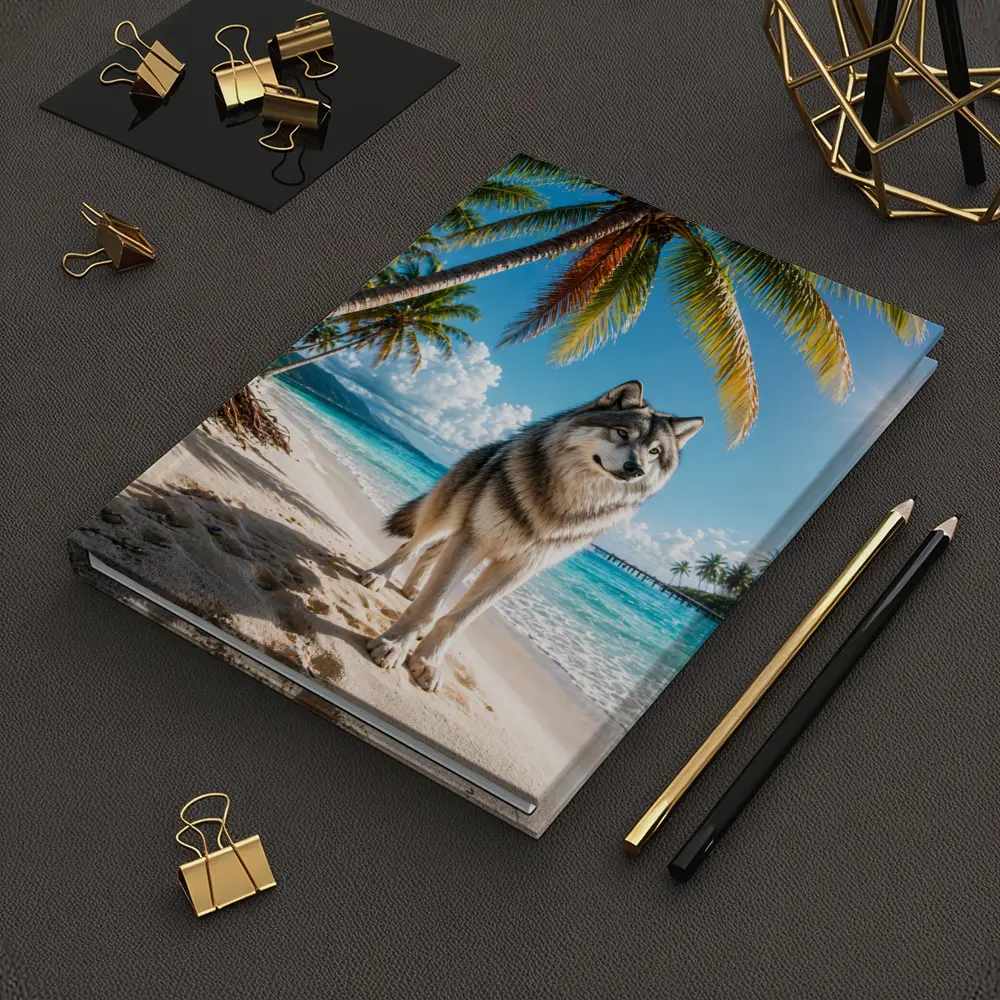 Wolf Standing on Sunny Tropical Beach – Notebooks