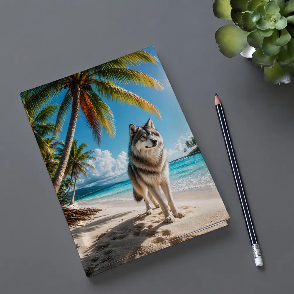 Wolf Standing on Sunny Tropical Beach – Notebooks