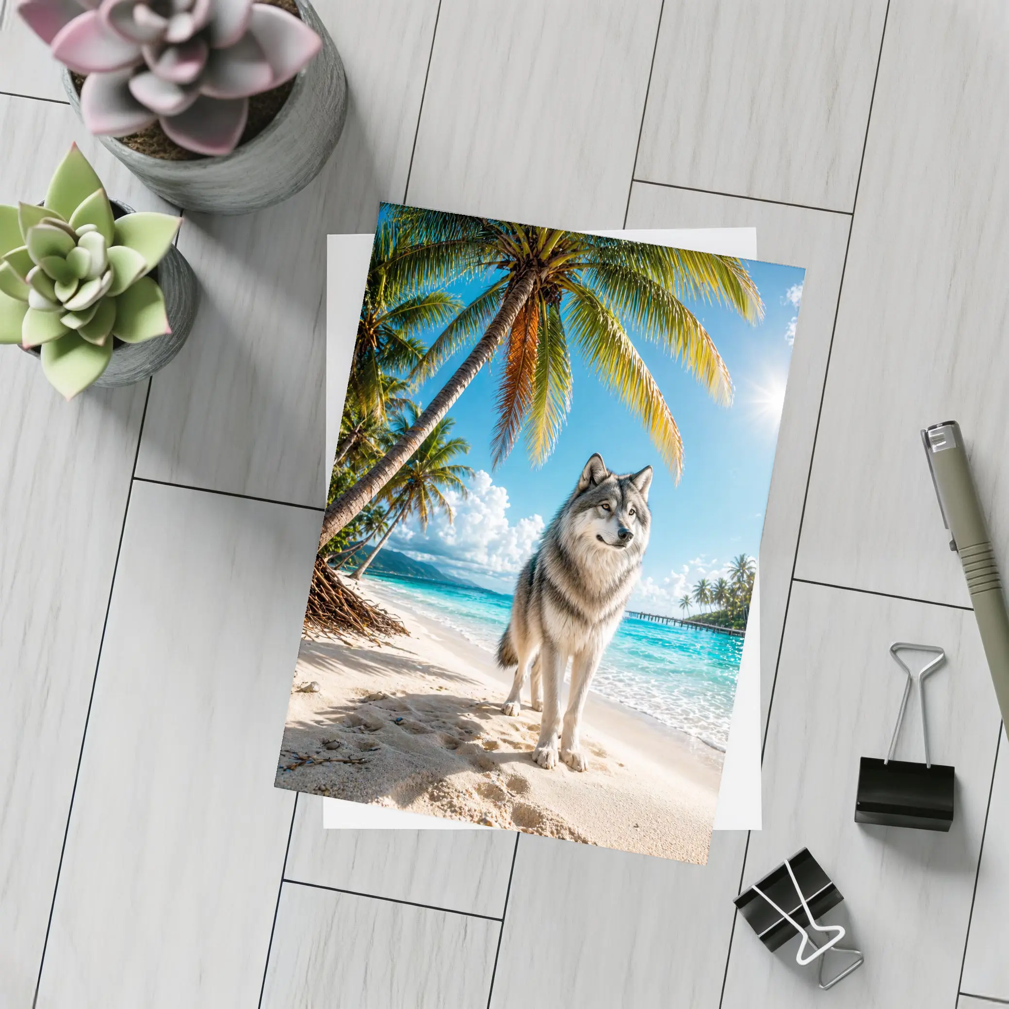 Wolf Standing on Sunny Tropical Beach – Postcards