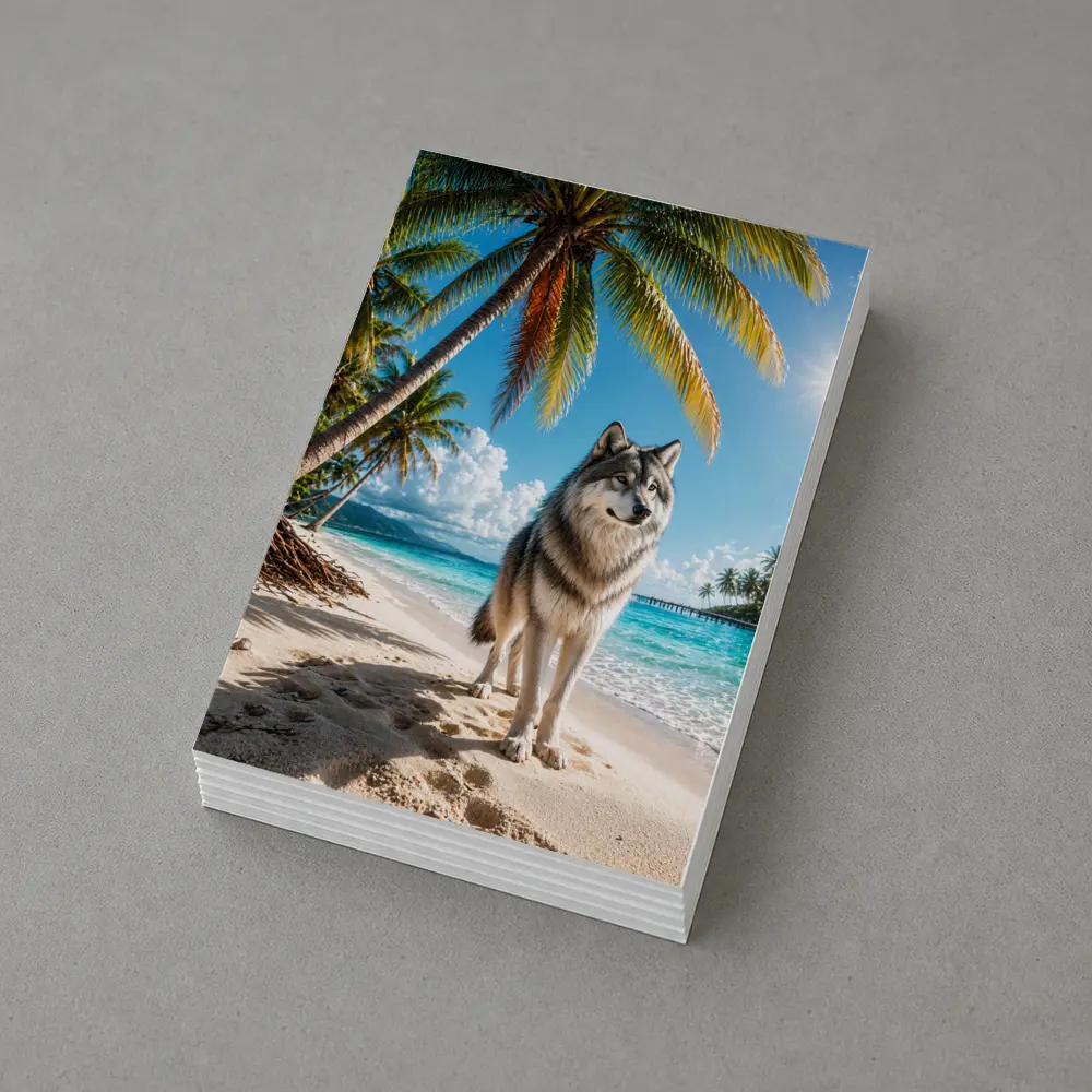 Wolf Standing on Sunny Tropical Beach – Postcards