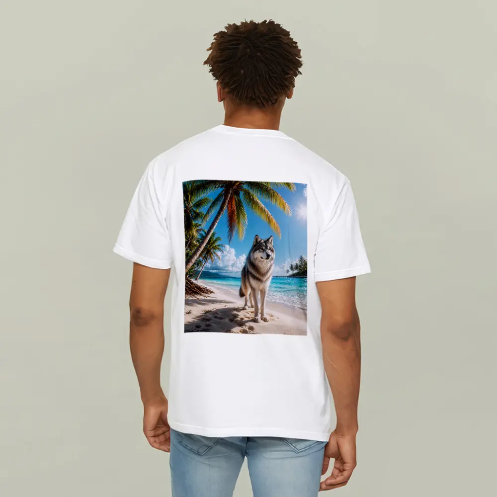 Wolf Standing on Sunny Tropical Beach – T-Shirts