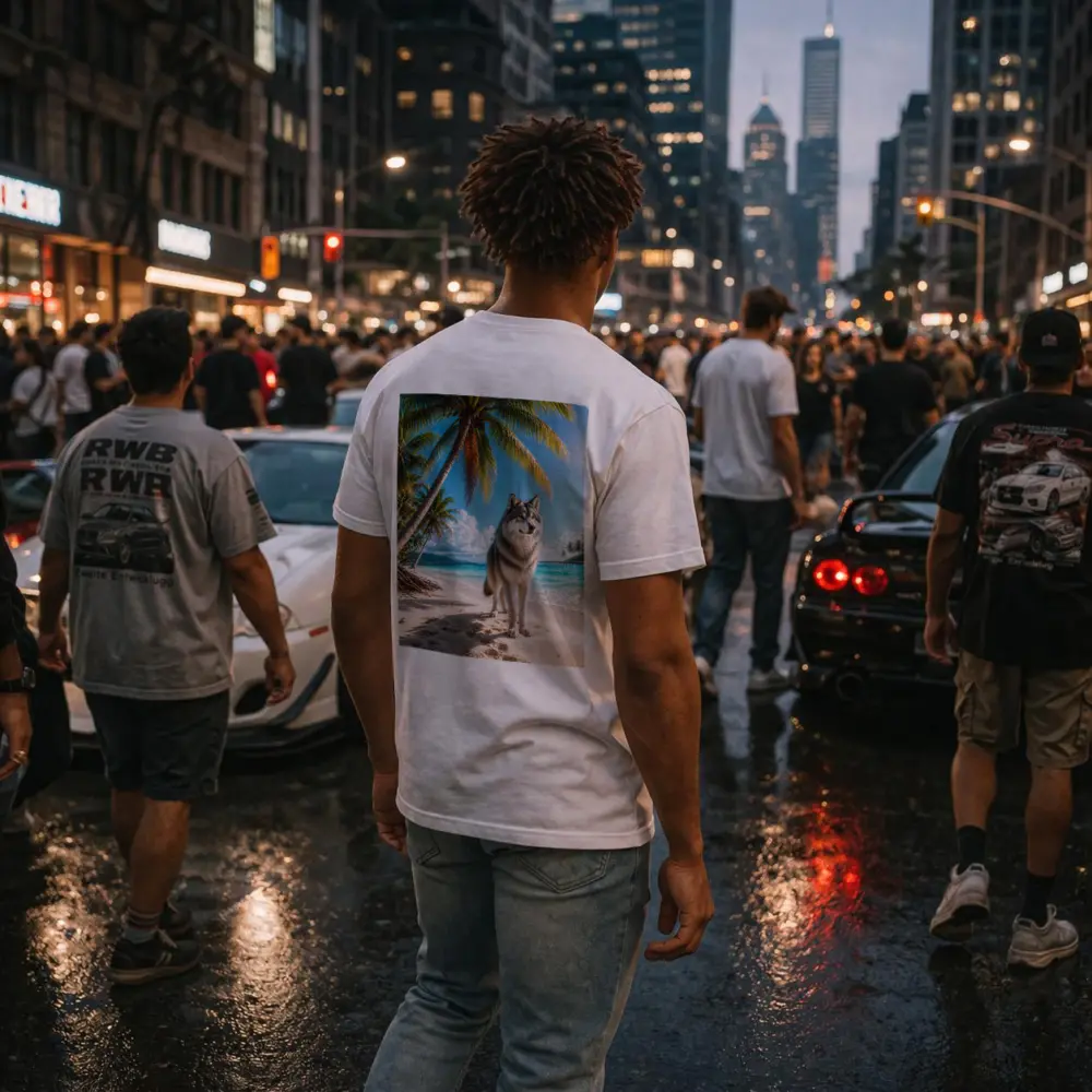 Wolf Standing on Sunny Tropical Beach – T-Shirts