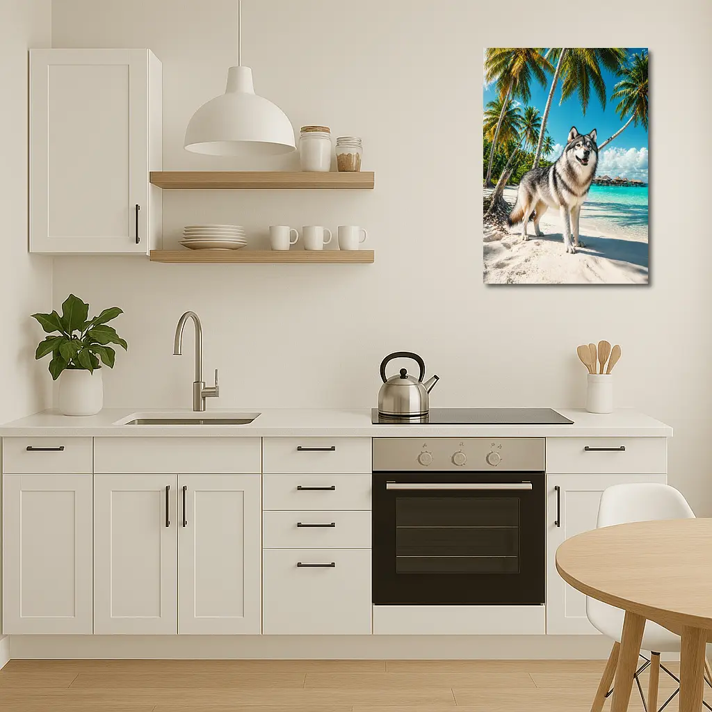 Wolf Standing on Tropical Beach Palm Trees – Wall Art