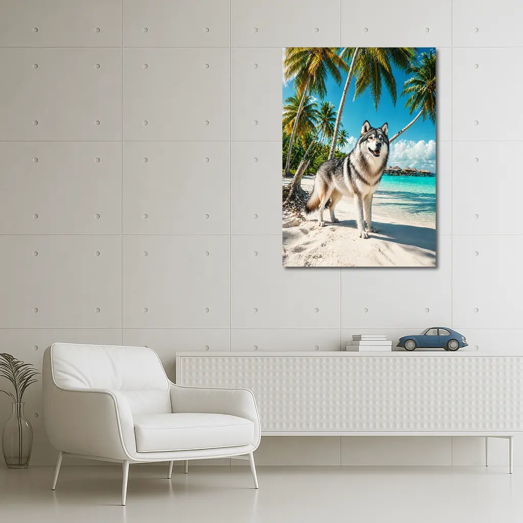 Wolf Standing on Tropical Beach Palm Trees – Wall Art