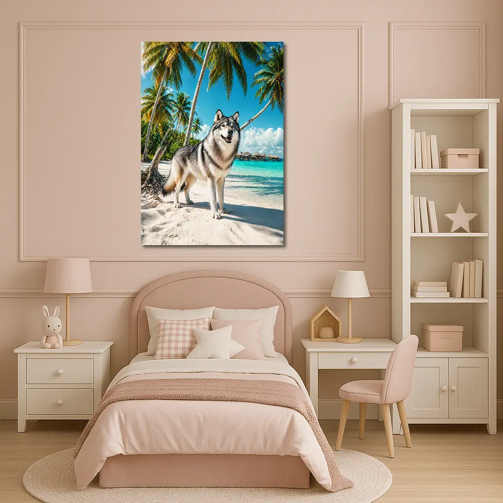 Wolf Standing on Tropical Beach Palm Trees – Wall Art
