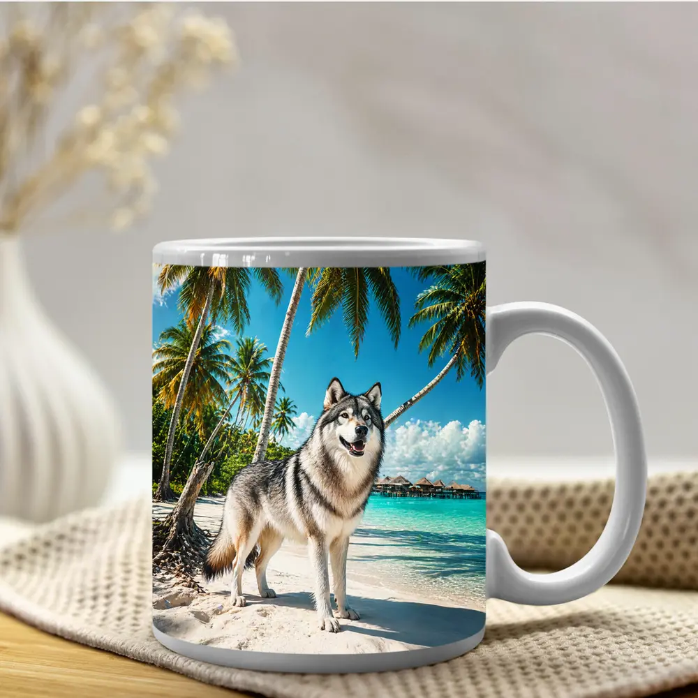 Wolf Standing on Tropical Beach Palm Trees – Mugs