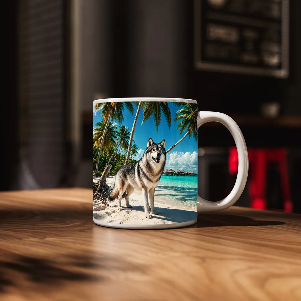 Wolf Standing on Tropical Beach Palm Trees – Mugs