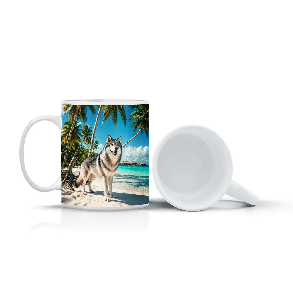 Wolf Standing on Tropical Beach Palm Trees – Mugs