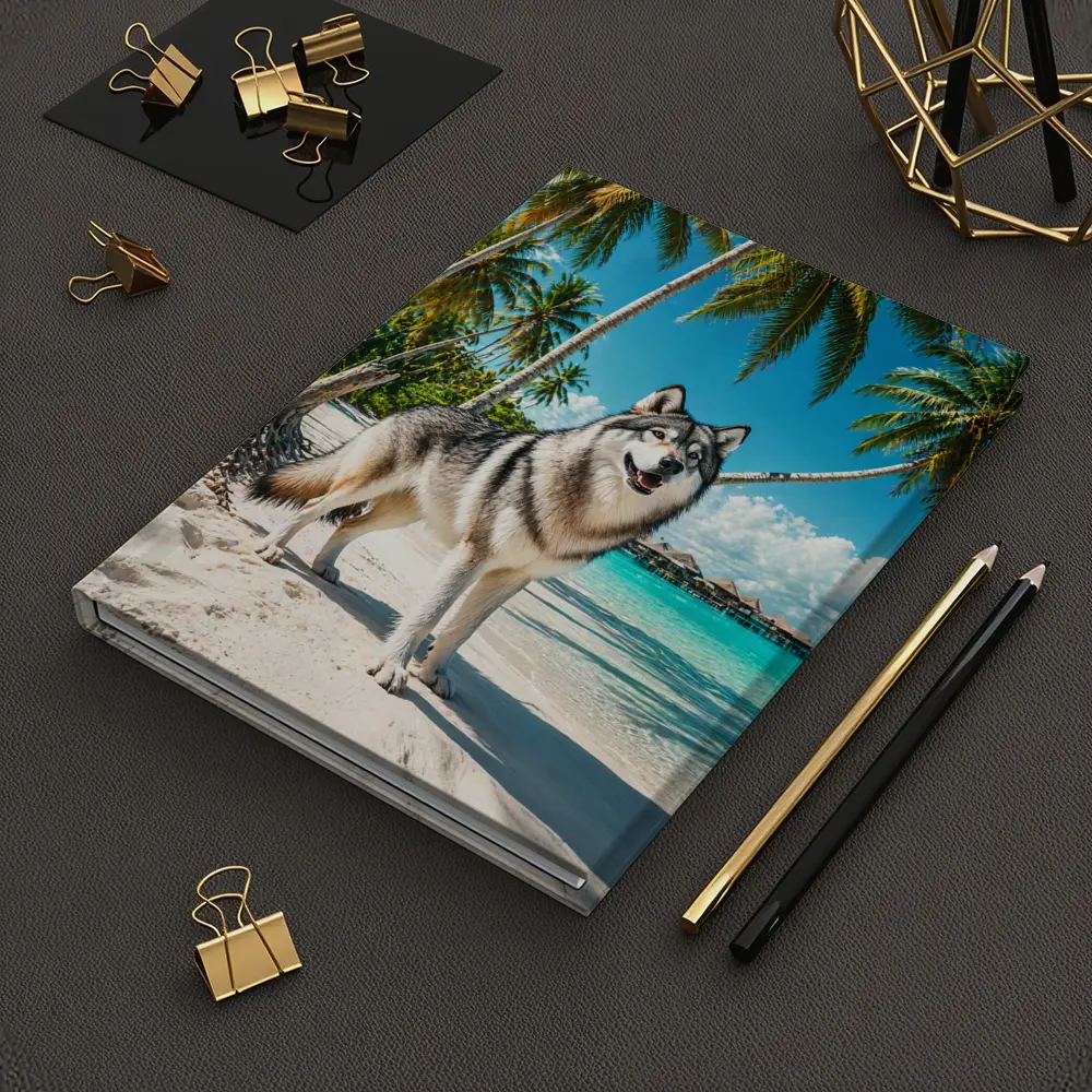 Wolf Standing on Tropical Beach Palm Trees – Notebooks