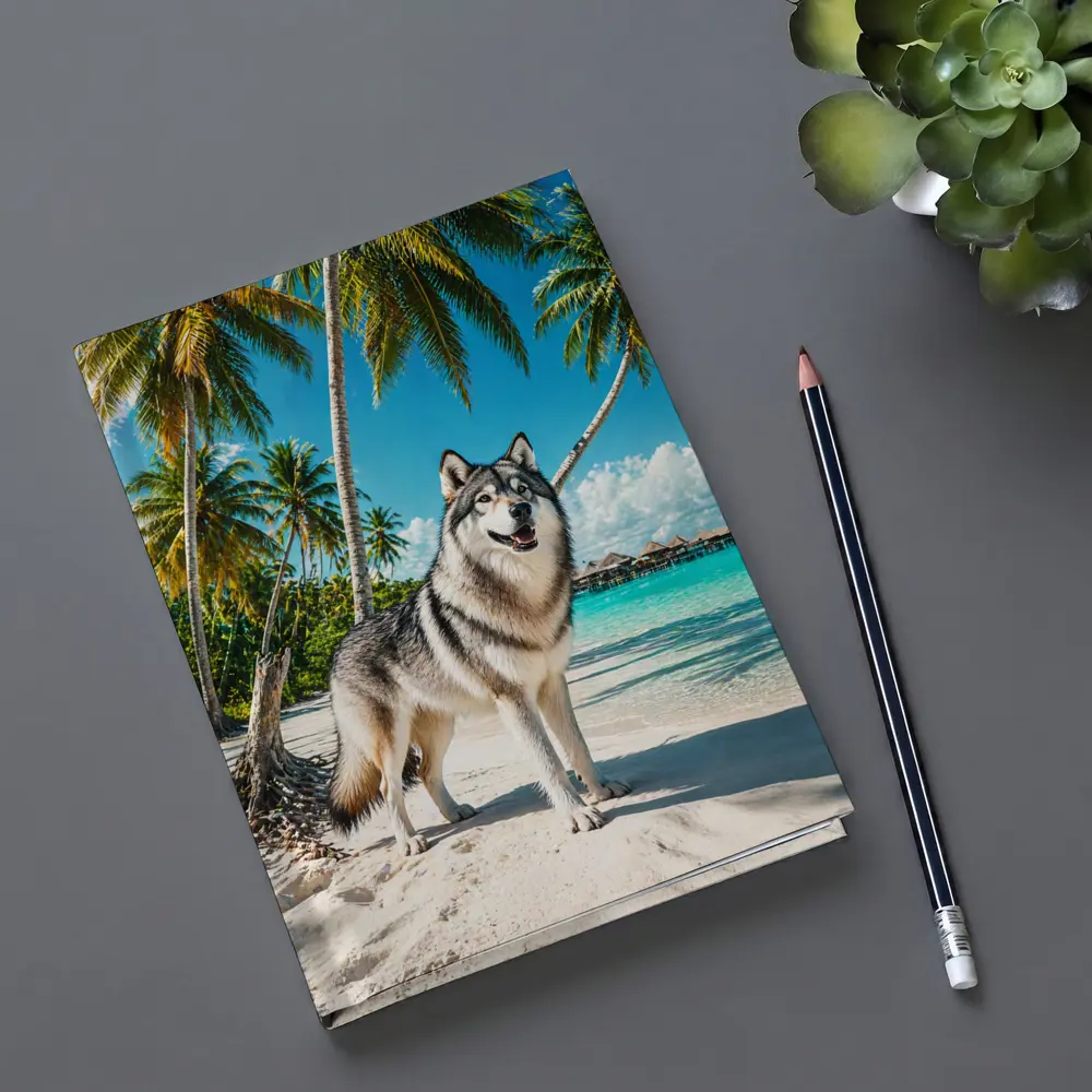 Wolf Standing on Tropical Beach Palm Trees – Notebooks