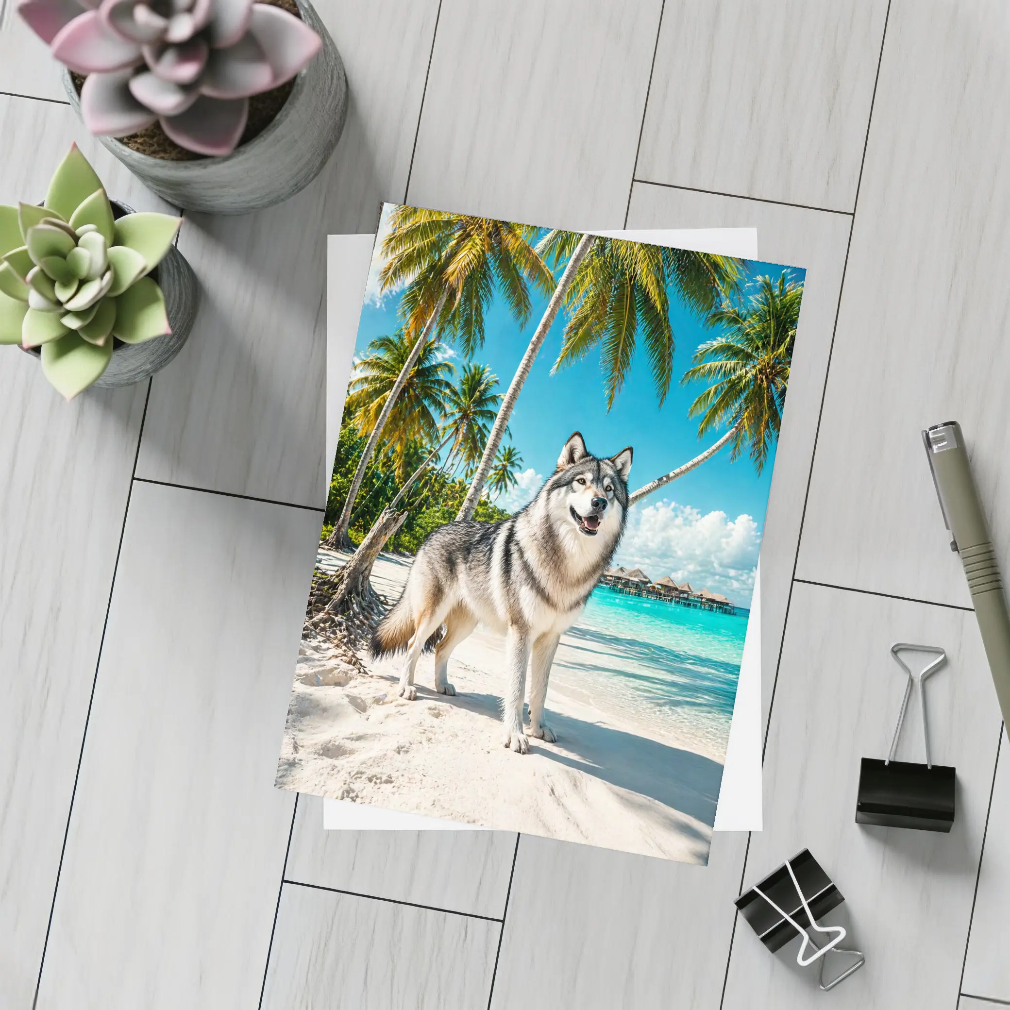 Wolf Standing on Tropical Beach Palm Trees – Postcards