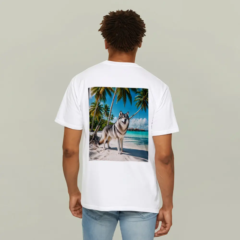 Wolf Standing on Tropical Beach Palm Trees – T-Shirts