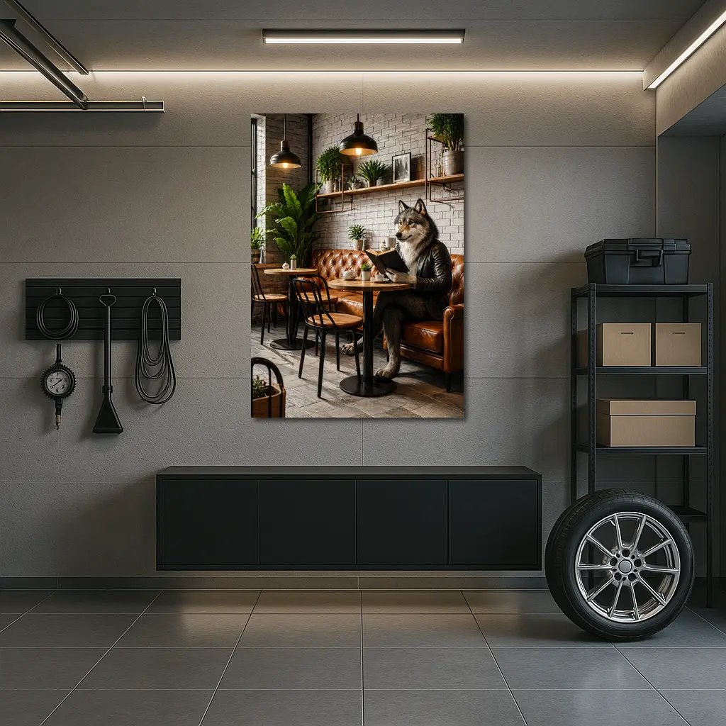 Wolf Reading Book in Industrial Cafe – Wall Art