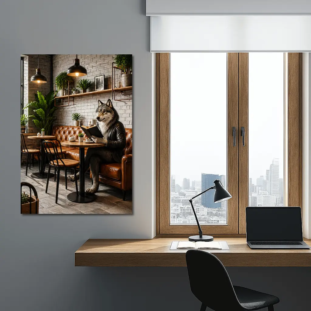Wolf Reading Book in Industrial Cafe – Wall Art