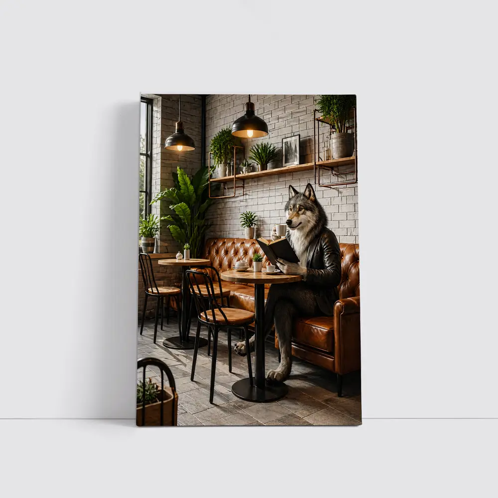 Wolf Reading Book in Industrial Cafe – Wall Art