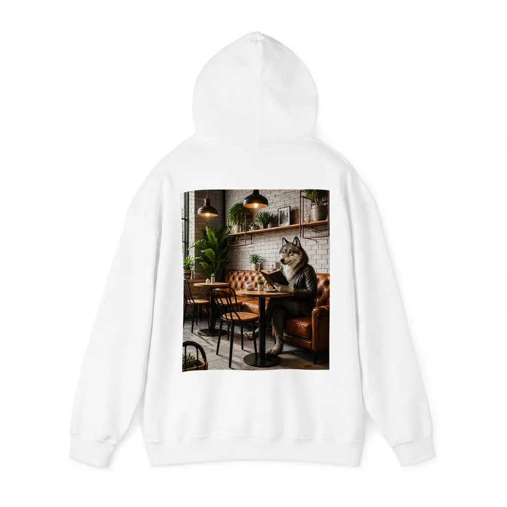 Wolf Reading Book in Industrial Cafe – Hoodies