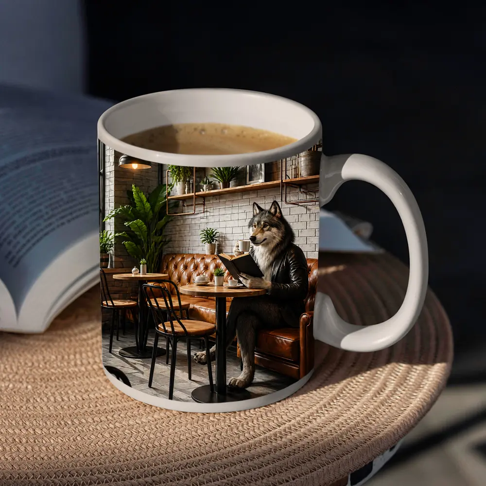 Wolf Reading Book in Industrial Cafe – Mugs