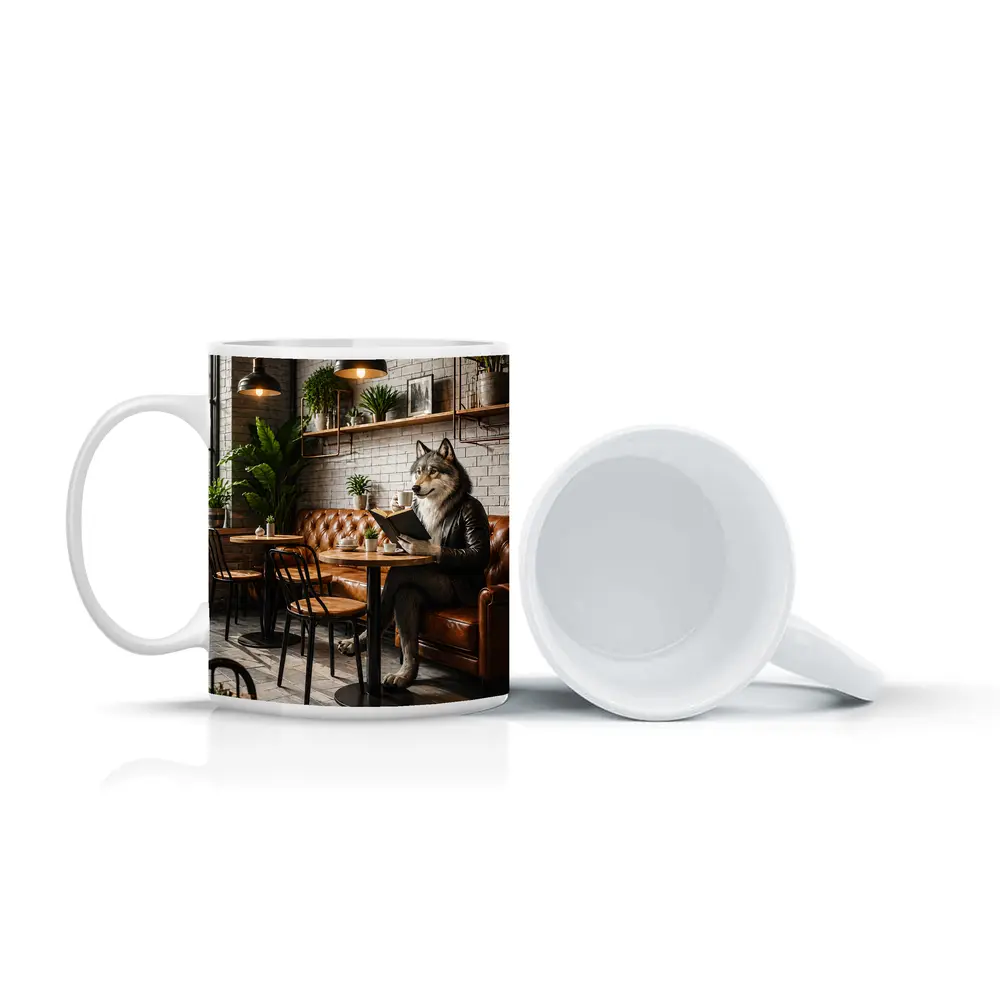 Wolf Reading Book in Industrial Cafe – Mugs