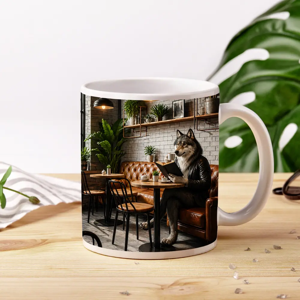 Wolf Reading Book in Industrial Cafe – Mugs
