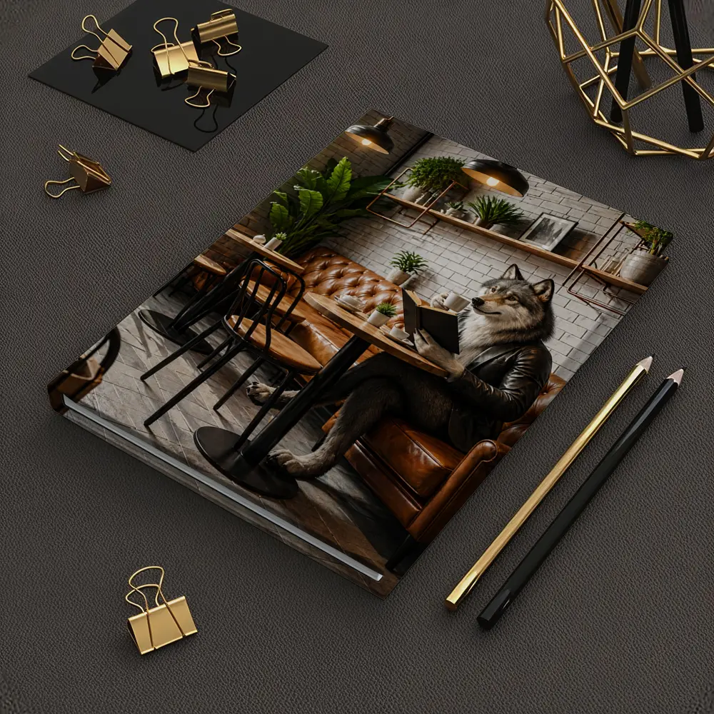 Wolf Reading Book in Industrial Cafe – Notebooks