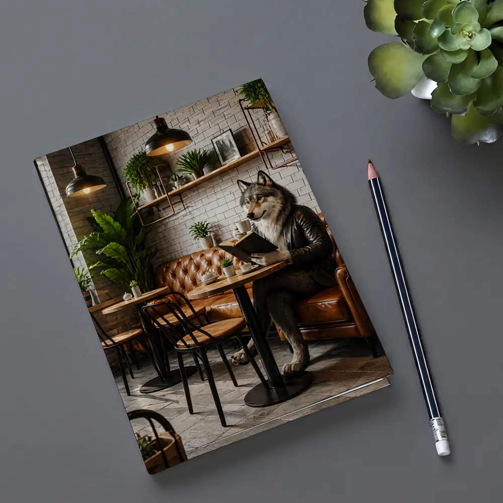 Wolf Reading Book in Industrial Cafe – Notebooks