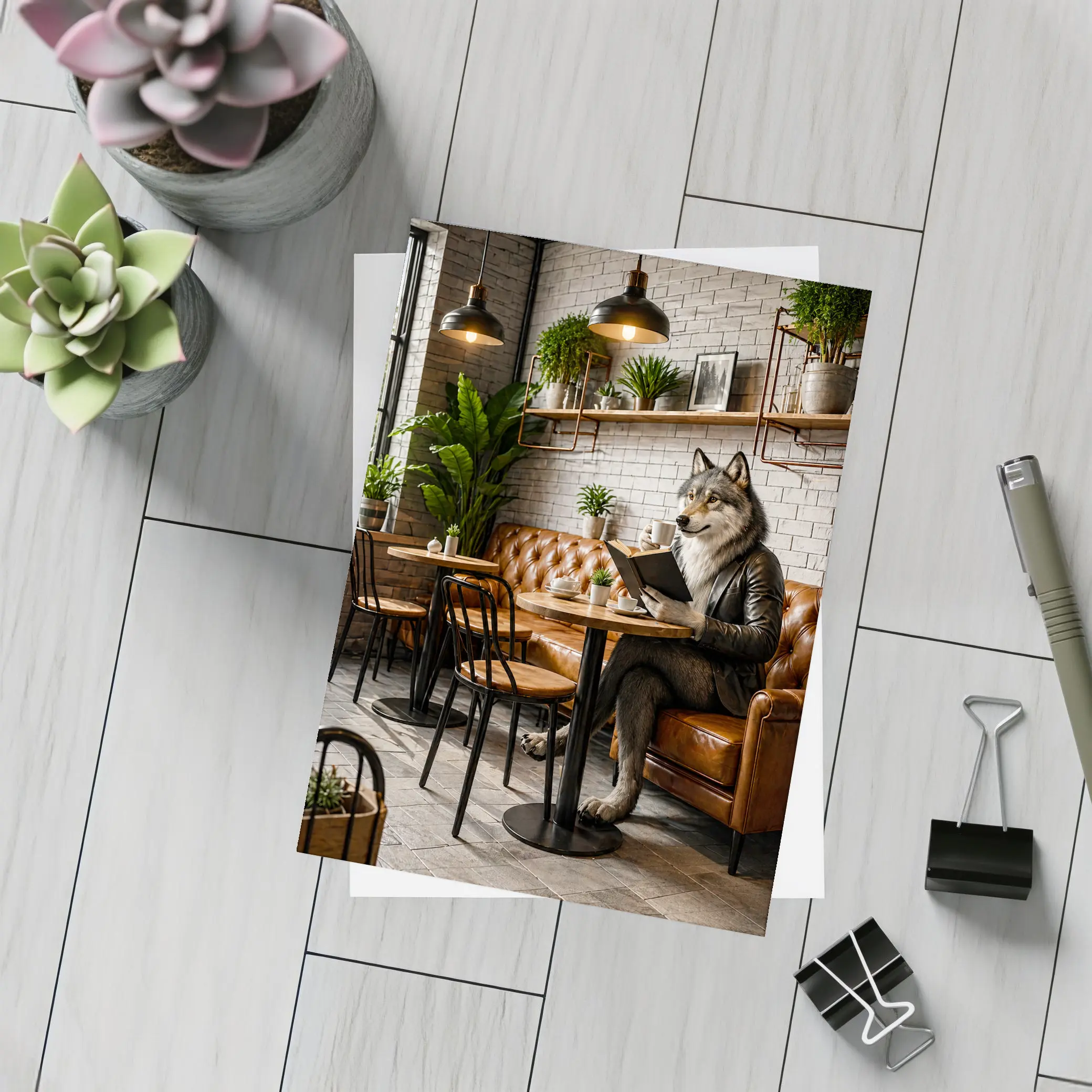 Wolf Reading Book in Industrial Cafe – Postcards