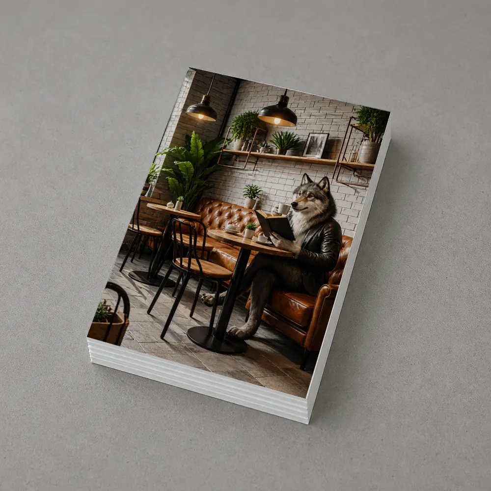 Wolf Reading Book in Industrial Cafe – Postcards