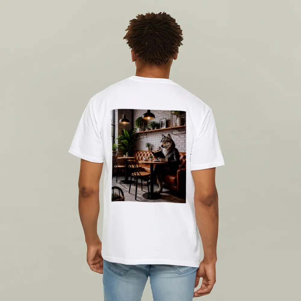 Wolf Reading Book in Industrial Cafe – T-Shirts
