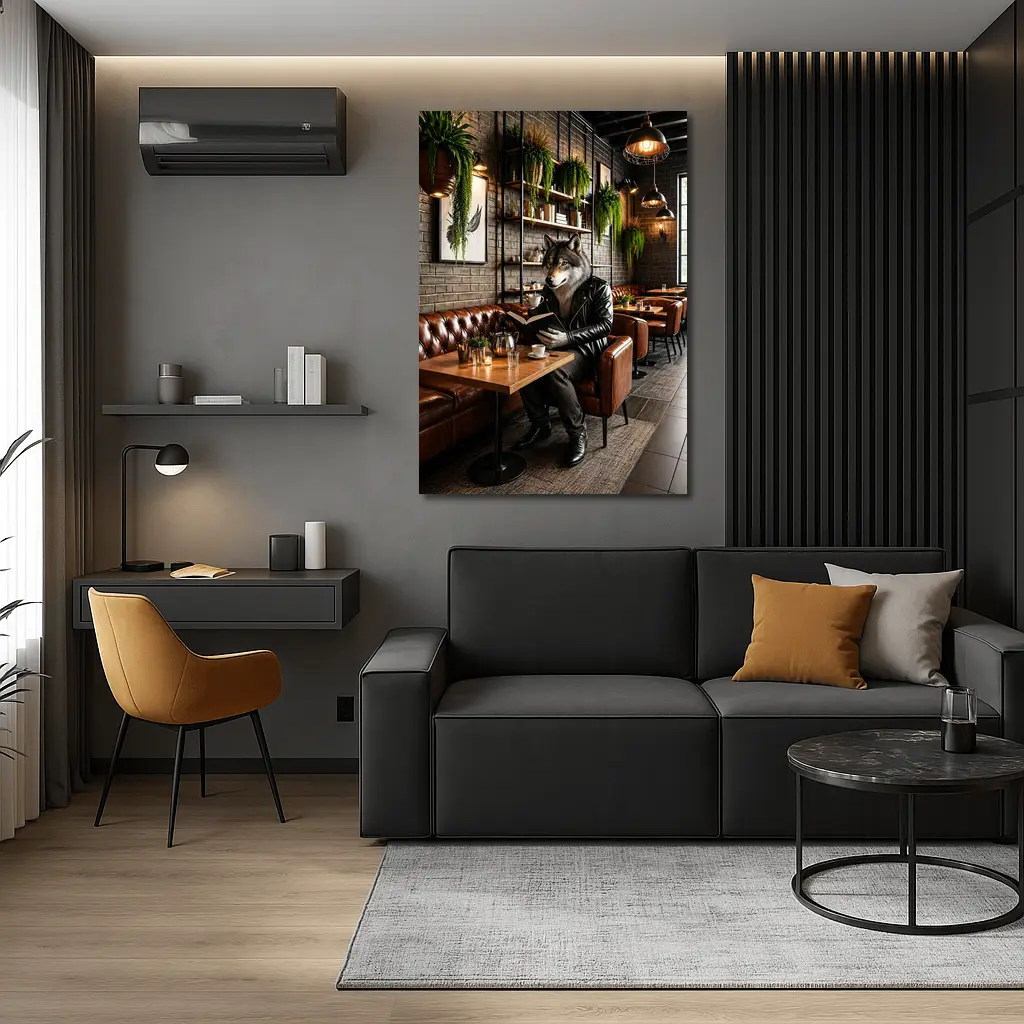 Wolf Reading Book in Cozy Cafe – Wall Art