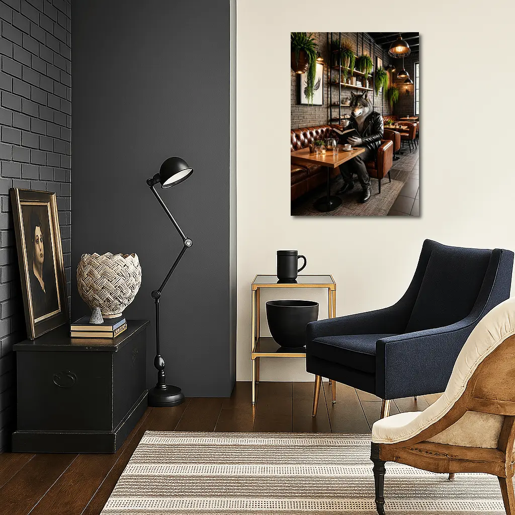 Wolf Reading Book in Cozy Cafe – Wall Art