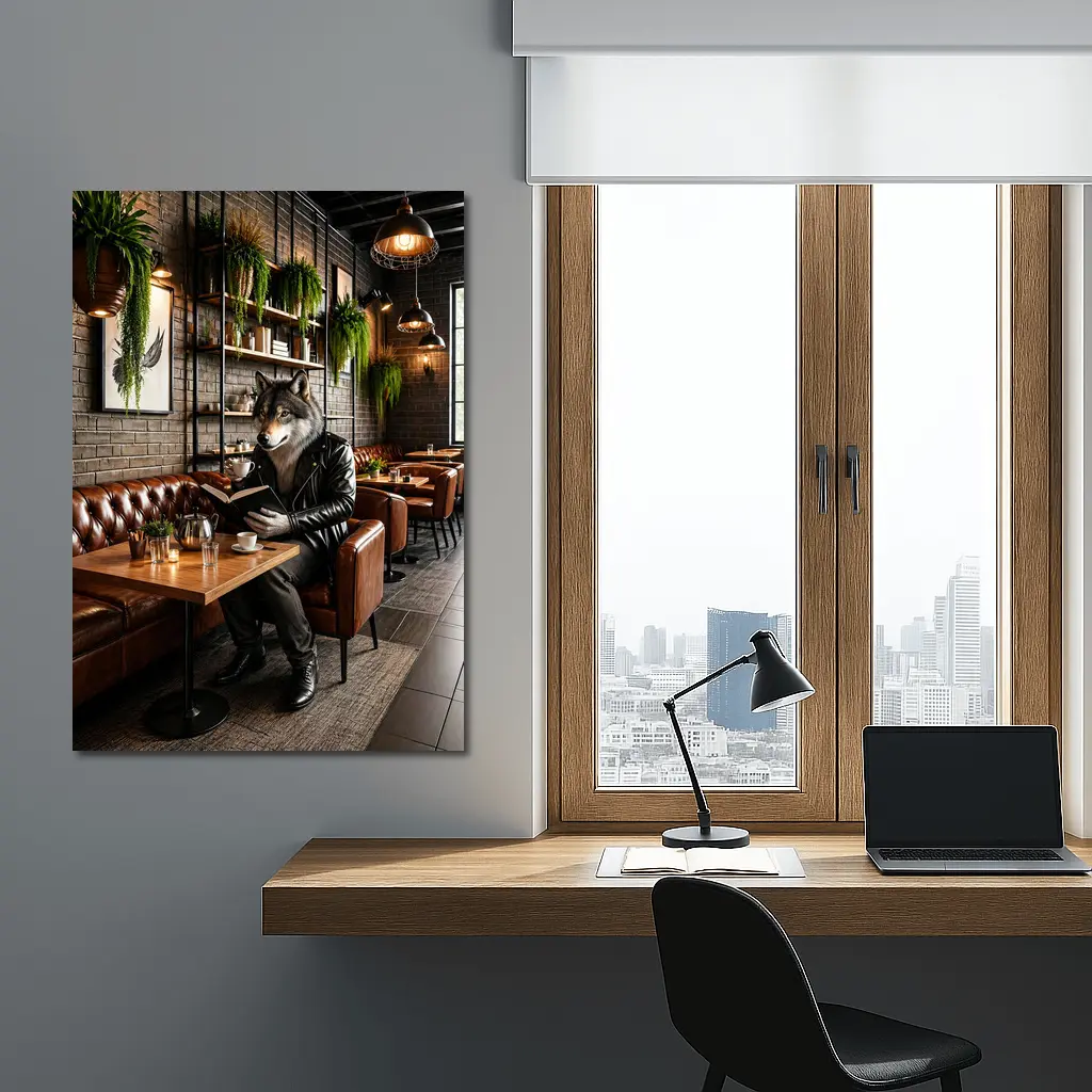 Wolf Reading Book in Cozy Cafe – Wall Art