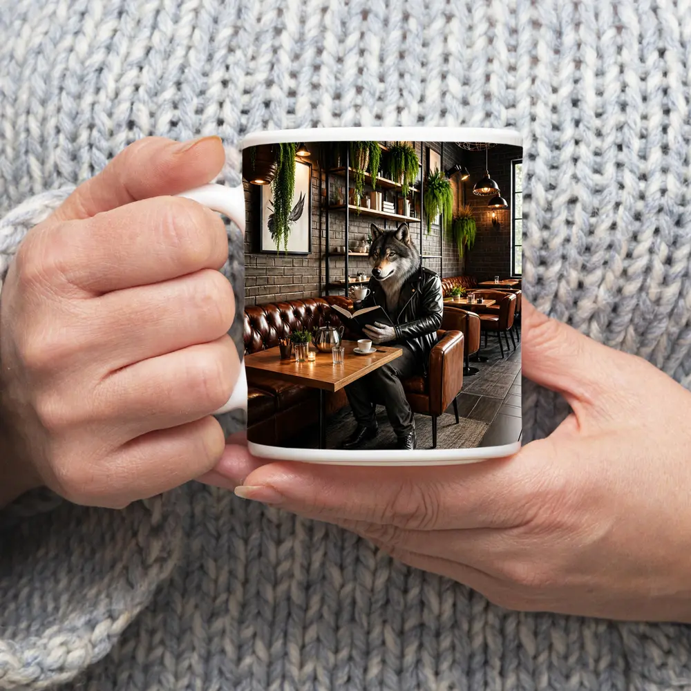 Wolf Reading Book in Cozy Cafe – Mugs