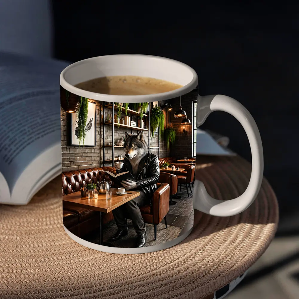 Wolf Reading Book in Cozy Cafe – Mugs
