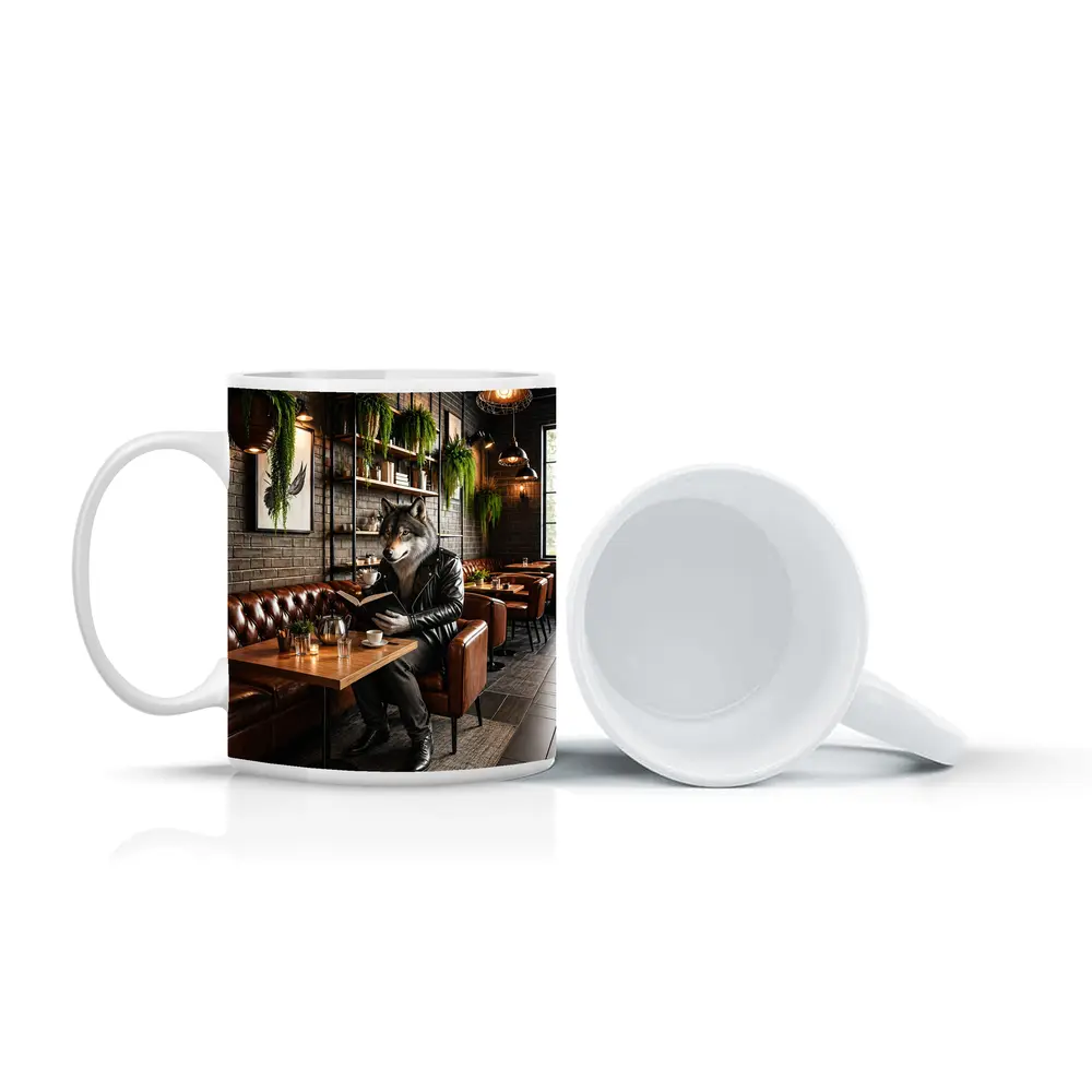Wolf Reading Book in Cozy Cafe – Mugs